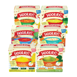 HOORAY! 6m ข้าวโพด1+ไก่และผัก1+ซุปผักรวม1+HOORAY! 10mซาลมอน1+สปาโบ1+สปาไก่1 140g.x6