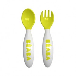 Beaba - 2nd age training fork and spoon (storage case included) - NEON